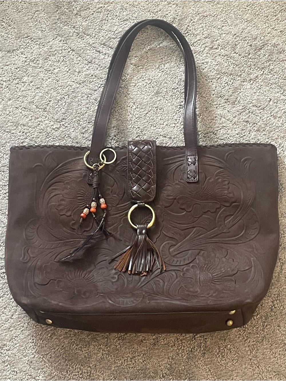Patricia Nash Brown Leather Floral Embossed Tote Bag with Tassel Charm